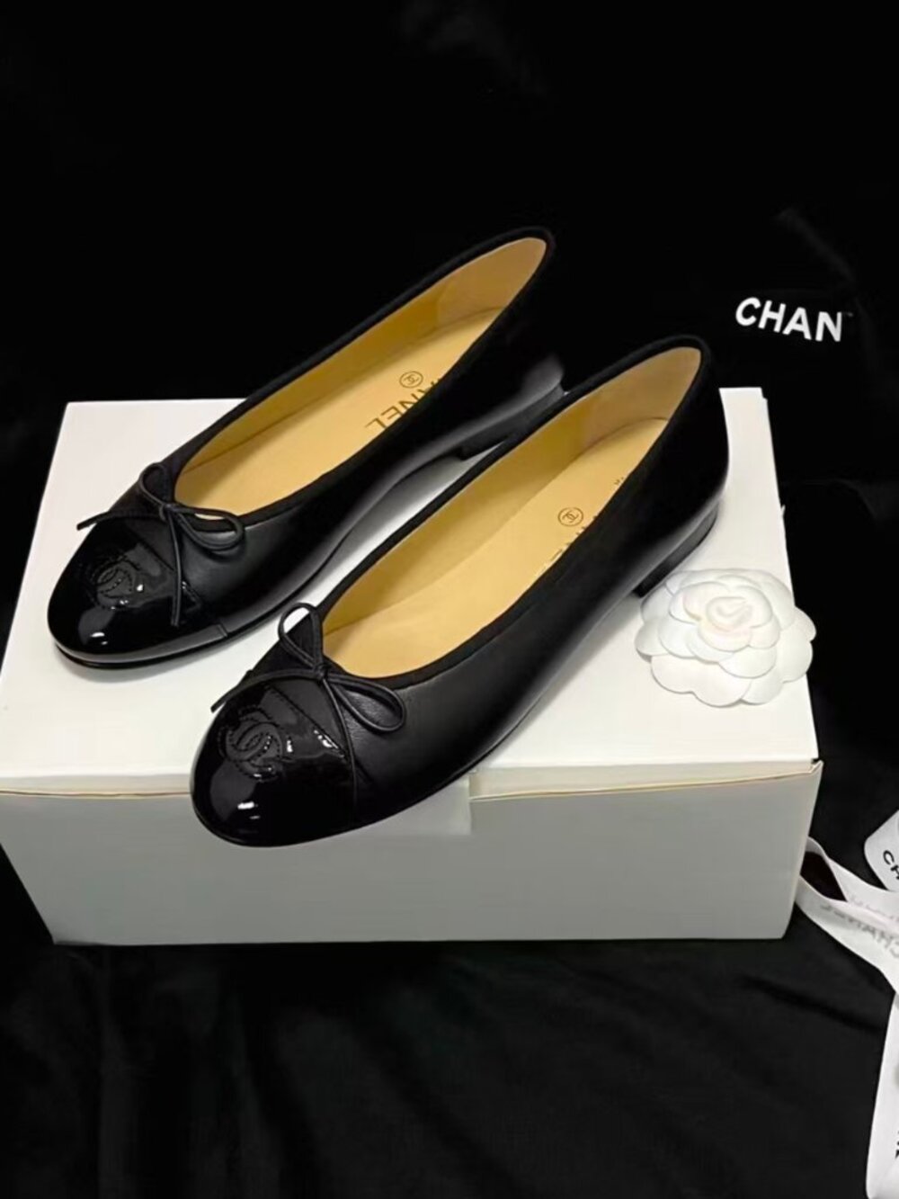 CHANEL Black Leather Patent Cap Toe Bow Ballet Flats